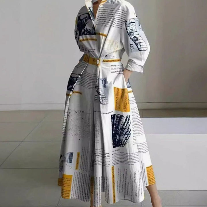 Women's Collared Maxi Shirt Dress Newspaper Print Wrap Front