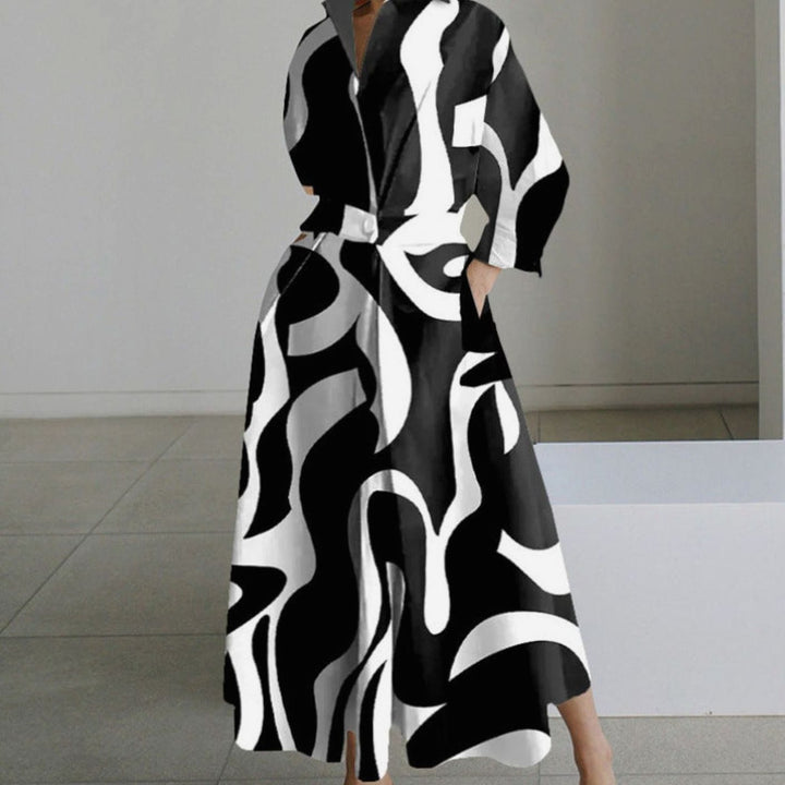 Women's Collared Maxi Shirt Dress Newspaper Print Wrap Front - Black Stripe