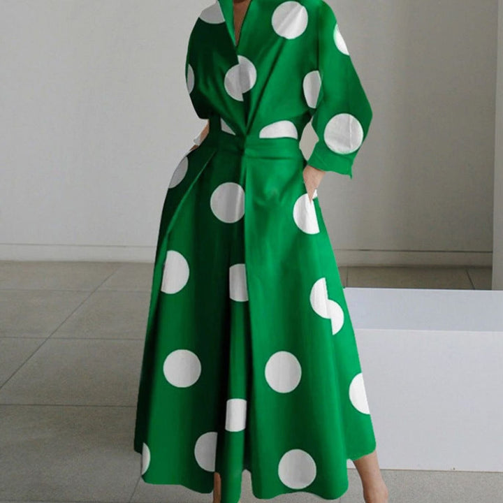 Women's Collared Maxi Shirt Dress Newspaper Print Wrap Front - Green Polka Dot