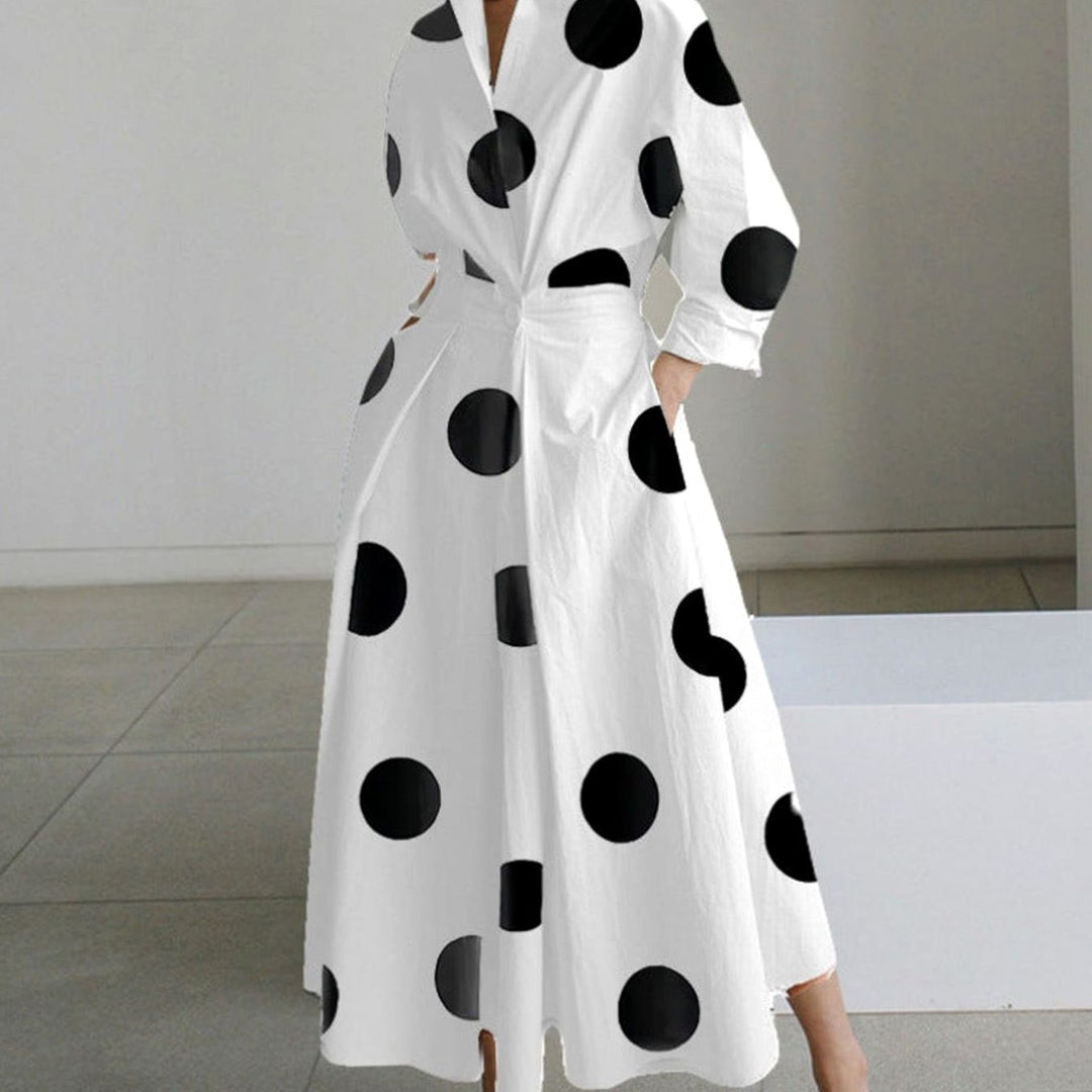 Women's Collared Maxi Shirt Dress Newspaper Print Wrap Front - White Polka Dot
