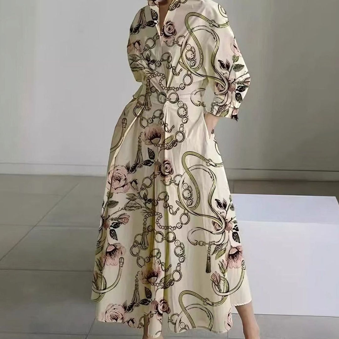 Women's Collared Maxi Shirt Dress Newspaper Print Wrap Front - Gold Chain Print