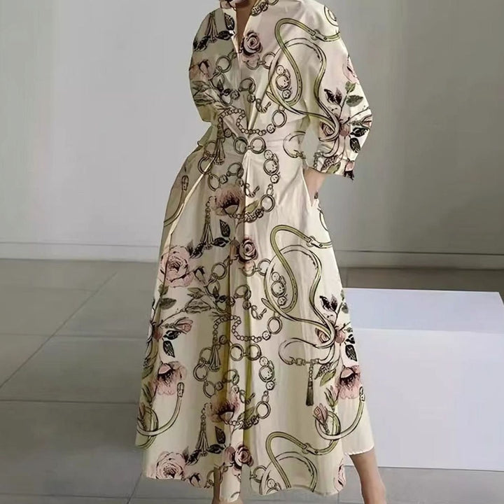 Women's Collared Maxi Shirt Dress Newspaper Print Wrap Front - Gold Chain Print