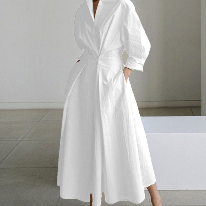 Women's Collared Maxi Shirt Dress Newspaper Print Wrap Front - White