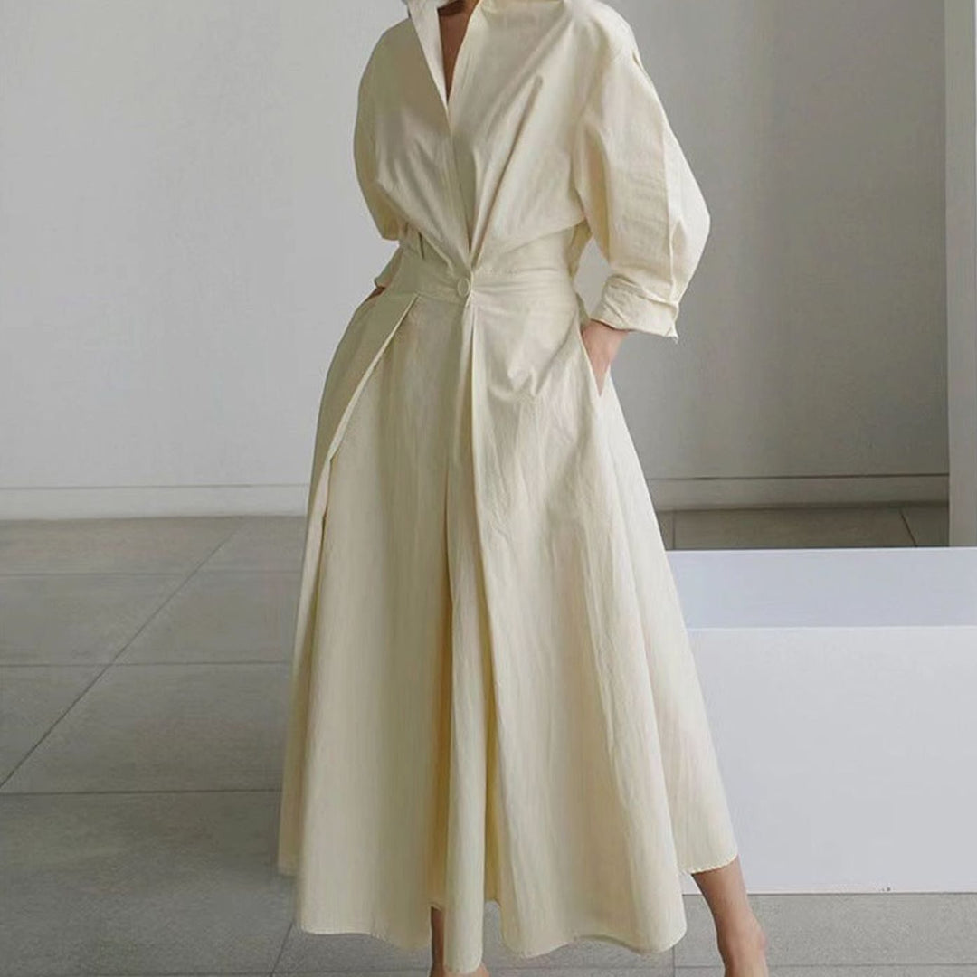 Women's Collared Maxi Shirt Dress Newspaper Print Wrap Front - Apricot