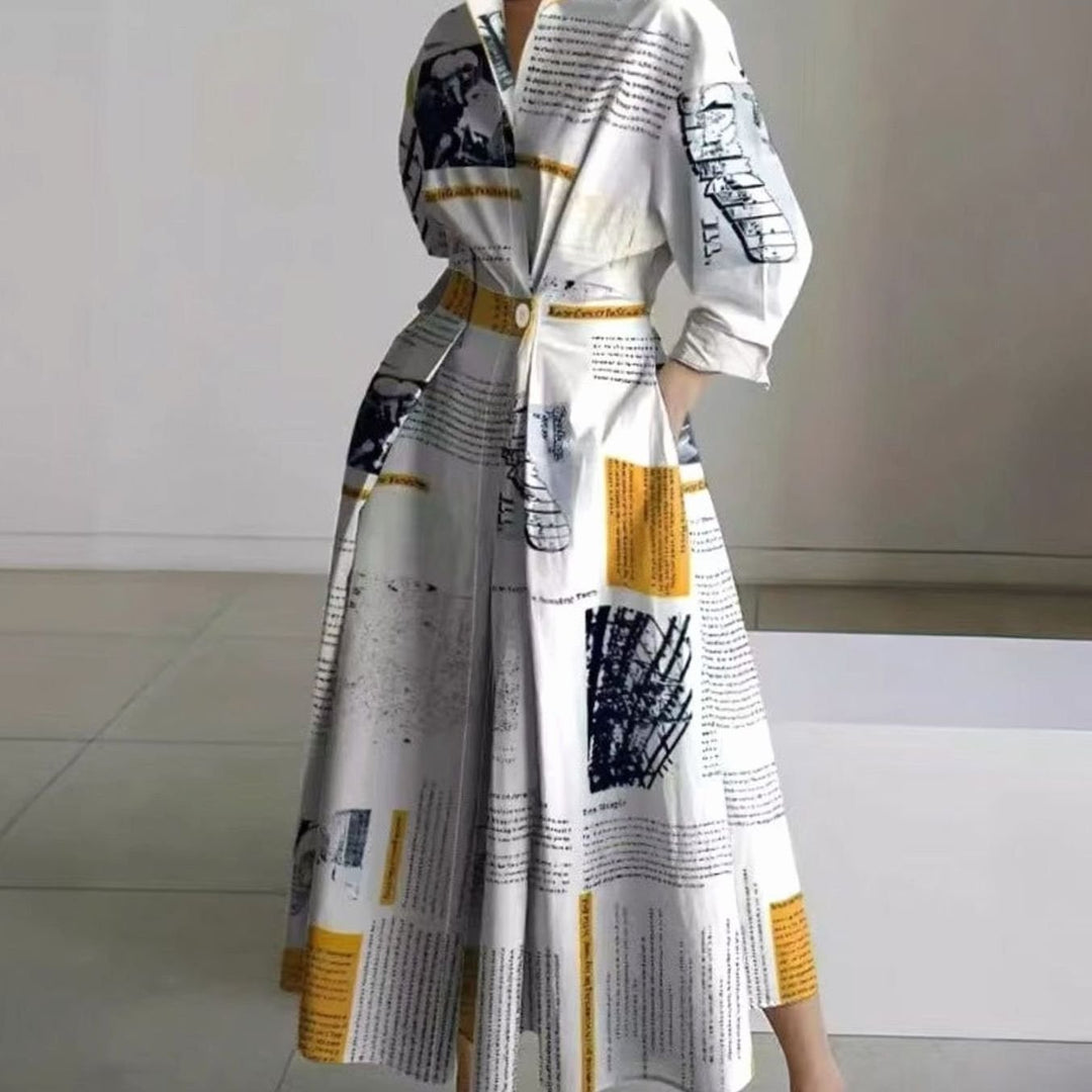 Women's Collared Maxi Shirt Dress Newspaper Print Wrap Front - Yellow Newspaper Print