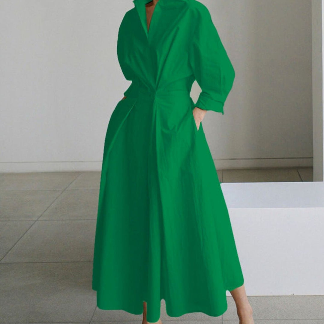 Women's Collared Maxi Shirt Dress Newspaper Print Wrap Front - Green
