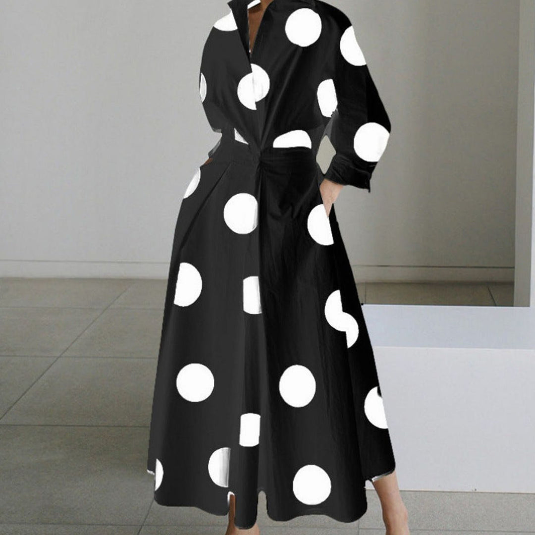 Women's Collared Maxi Shirt Dress Newspaper Print Wrap Front - Black Polka Dot