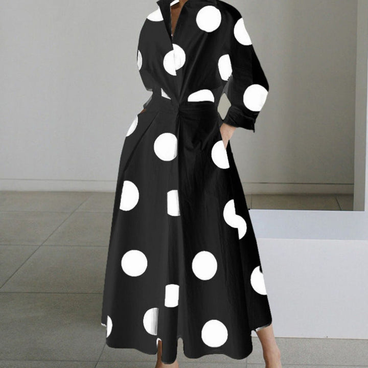 Women's Collared Maxi Shirt Dress Newspaper Print Wrap Front - Black Polka Dot