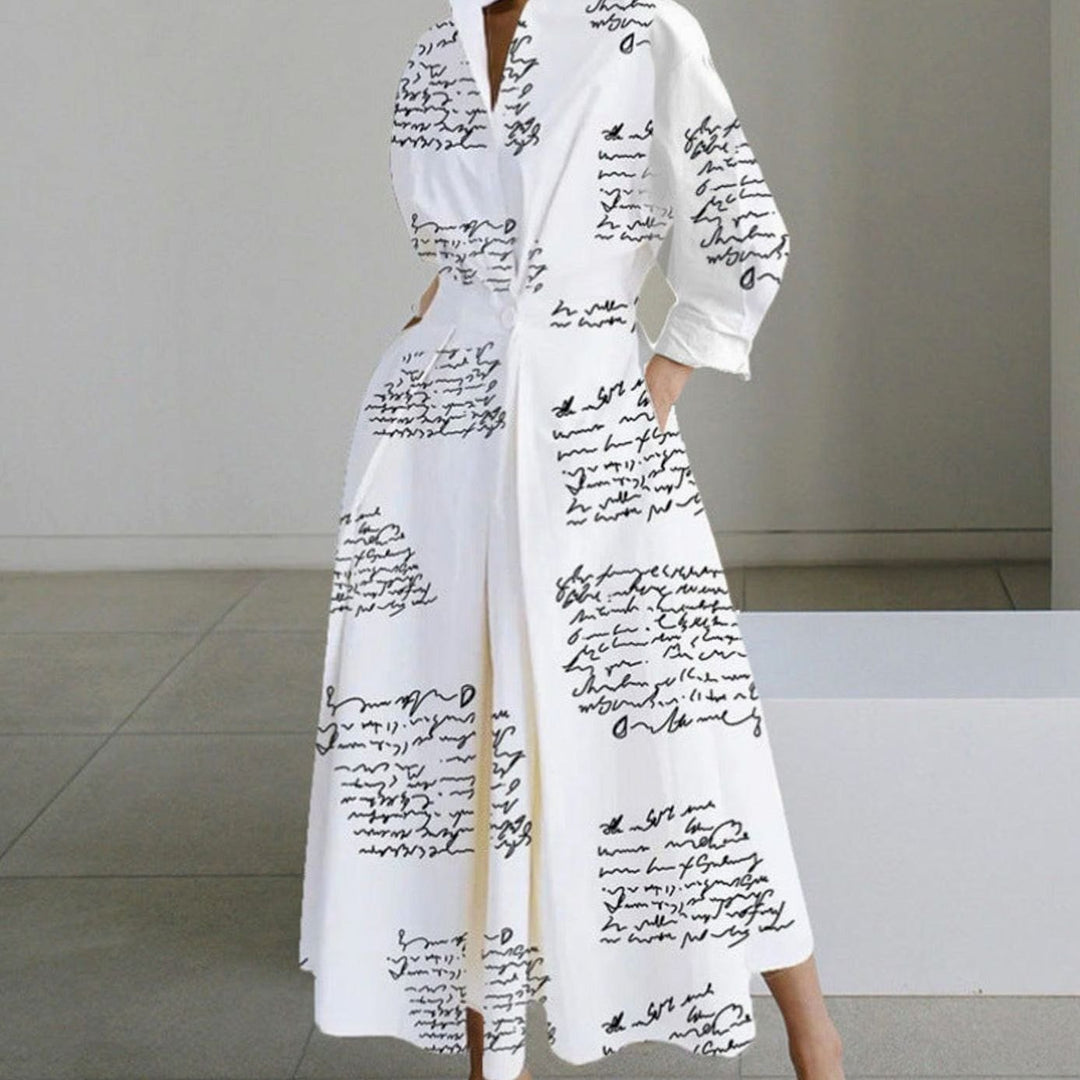 Women's Collared Maxi Shirt Dress Newspaper Print Wrap Front - White Letter Print