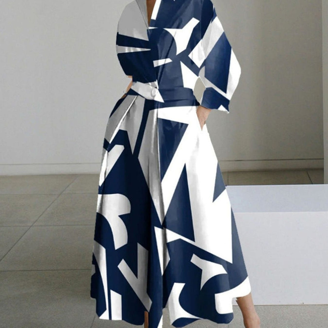 Women's Collared Maxi Shirt Dress Newspaper Print Wrap Front - Blue Stripe
