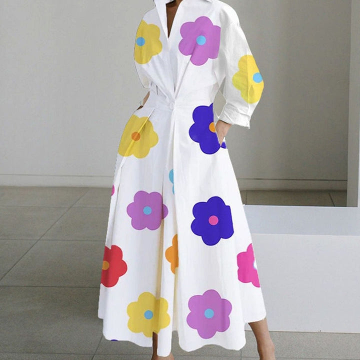 Women's Collared Maxi Shirt Dress Newspaper Print Wrap Front - White Floral