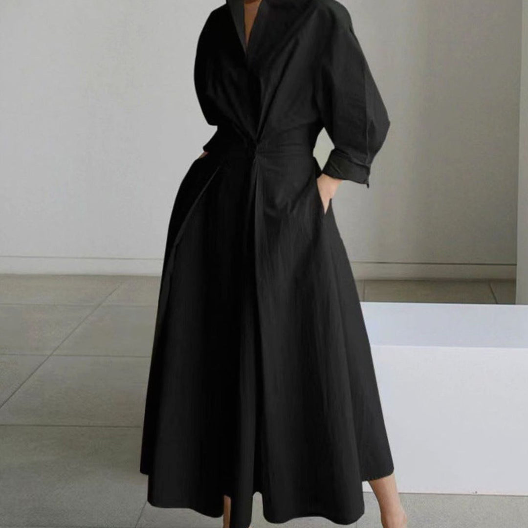 Women's Collared Maxi Shirt Dress Newspaper Print Wrap Front - Black