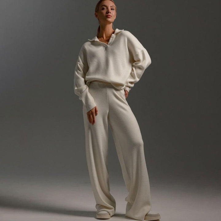 Women's Collared Wide-Leg Relaxed Fit Two-Piece Lounge Set - Beige