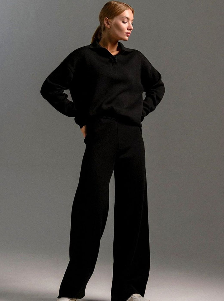 Women's Collared Wide-Leg Relaxed Fit Two-Piece Lounge Set - Black