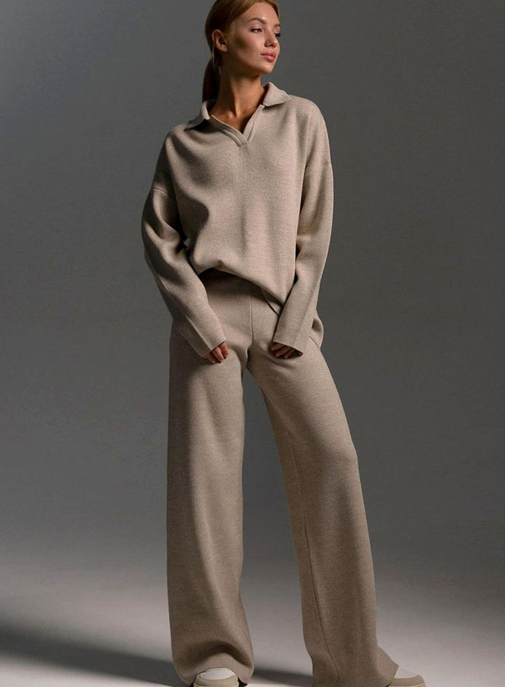 Women's Collared Wide-Leg Relaxed Fit Two-Piece Lounge Set - Khaki