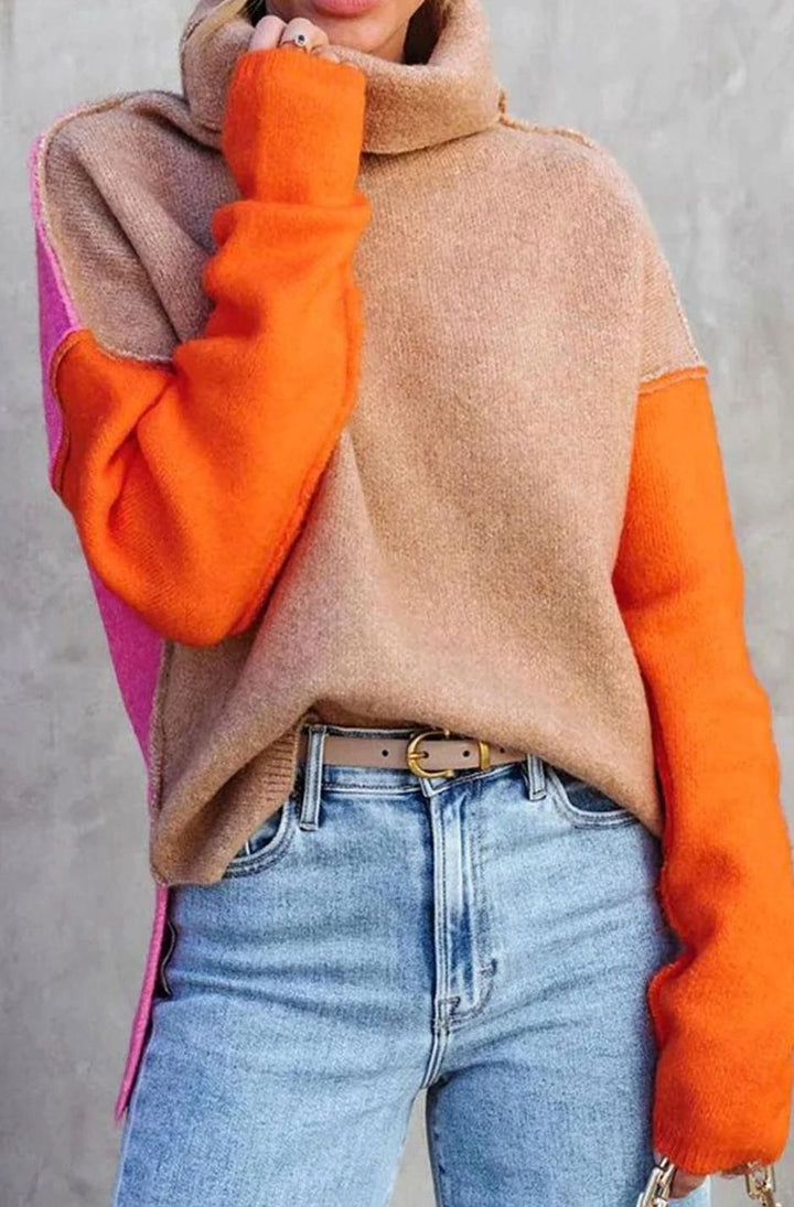 Women's Color Block Turtleneck Relaxed-Fit Pullover Sweater