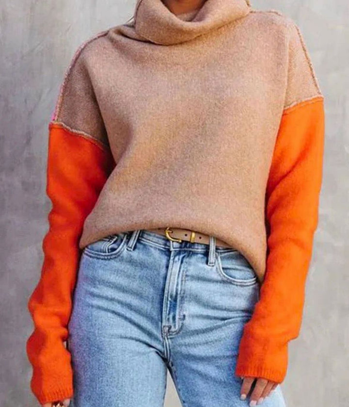 Women's Color Block Turtleneck Relaxed-Fit Pullover Sweater