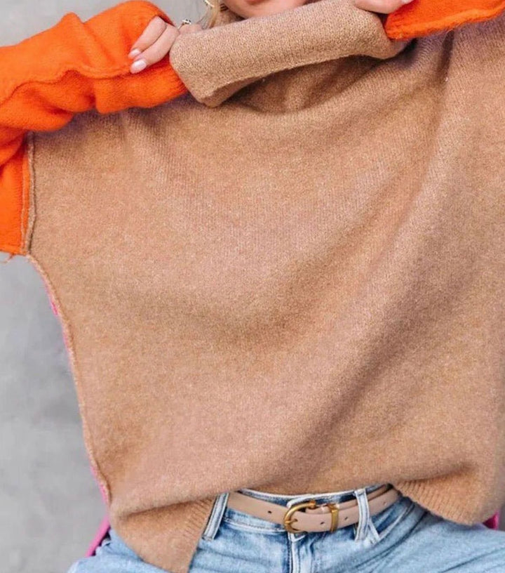 Women's Color Block Turtleneck Relaxed-Fit Pullover Sweater