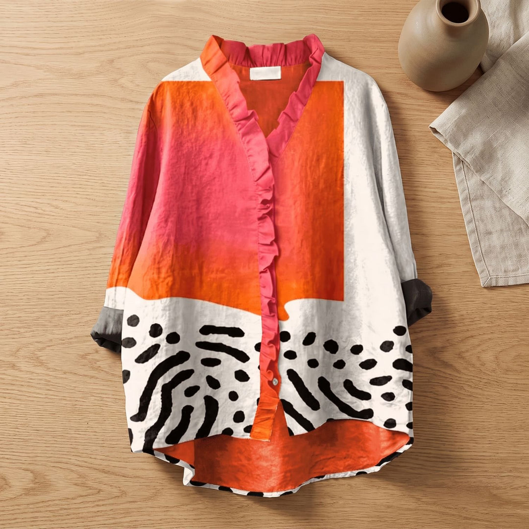 Women's Colorblock Abstract-Print Ruffled V-Neck Blouse - Multicolor