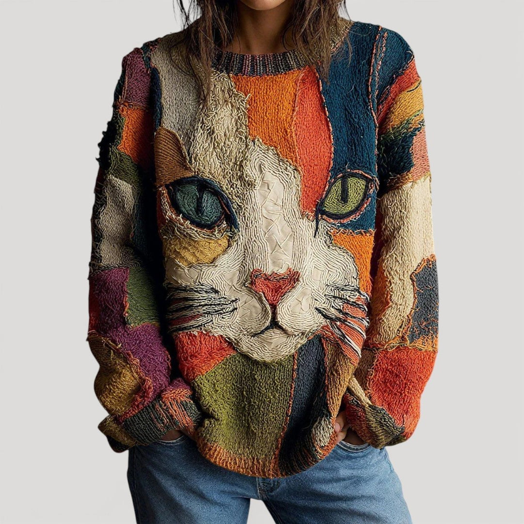 Women's Colorblock Cat Graphic Relaxed-Fit Knit Sweater - Multicolor