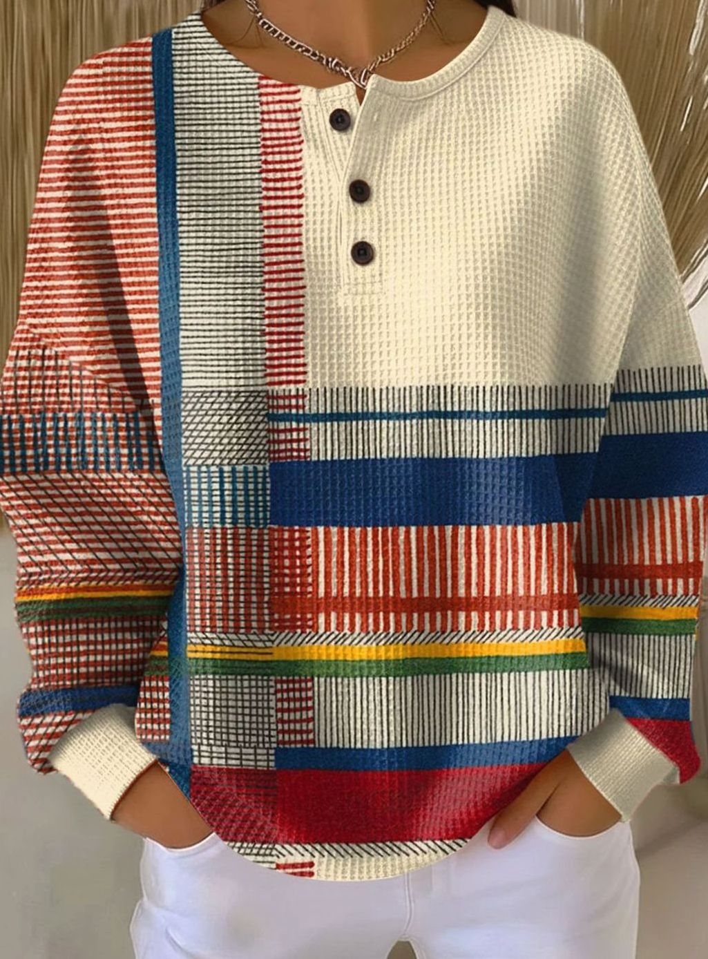 Women's Colorblock Waffle-Knit Henley Pullover Sweater