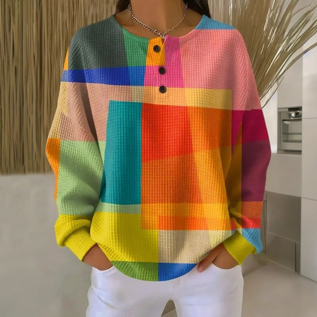 Women's Colorblock Waffle-Knit Long Sleeve Pullover Sweater