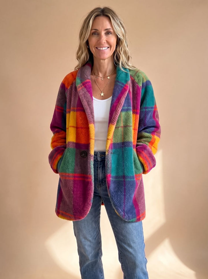 Women's Colorful Plaid Fleece Button-Front Coat - Sun