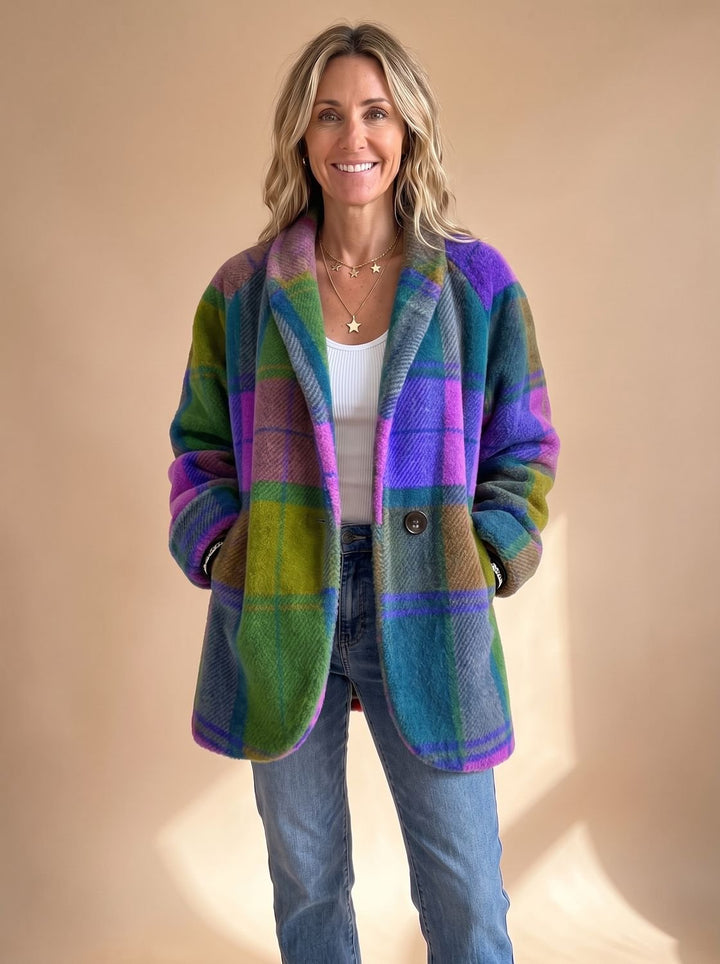 Women's Colorful Plaid Fleece Button-Front Coat - Neptune