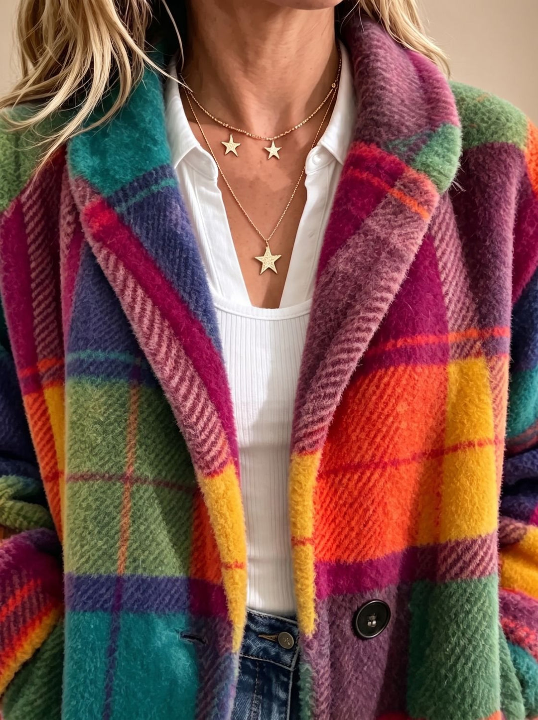 Women's Colorful Plaid Fleece Button-Front Coat