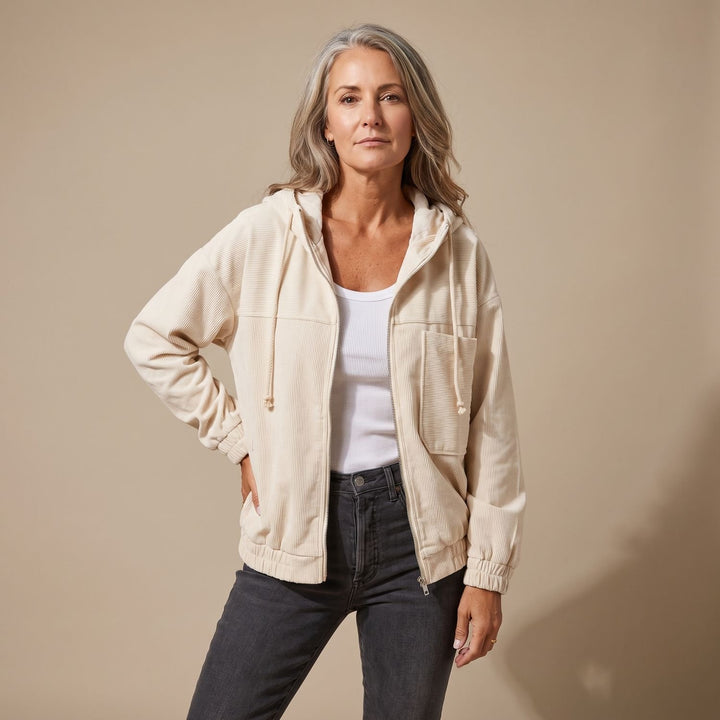 Women's Corduroy Hooded Full-Zip Fleece Jacket - White