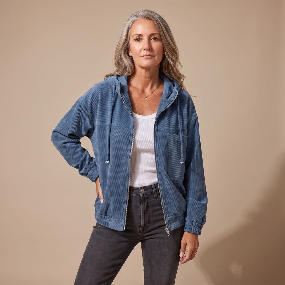 Women's Corduroy Hooded Full-Zip Fleece Jacket - Blue