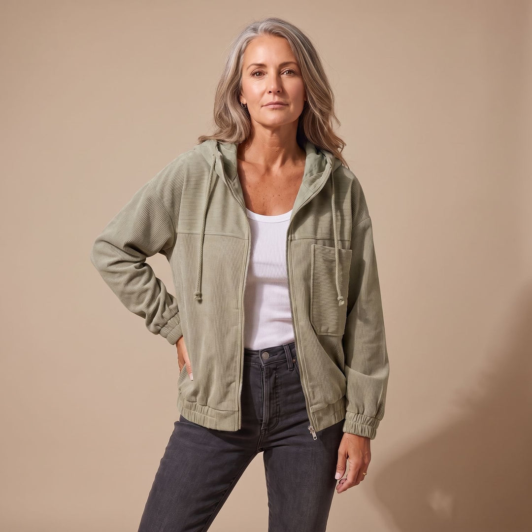 Women's Corduroy Hooded Full-Zip Fleece Jacket - Green