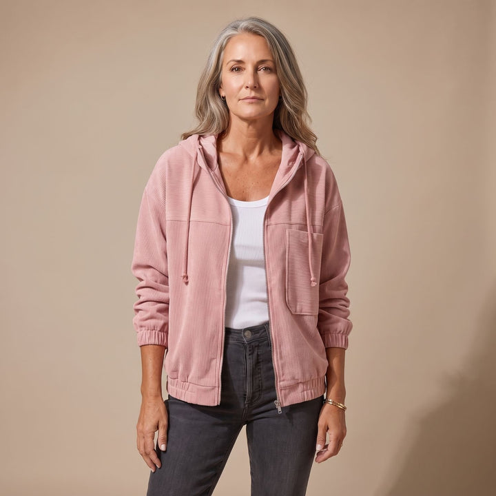 Women's Corduroy Hooded Full-Zip Fleece Jacket - Pink