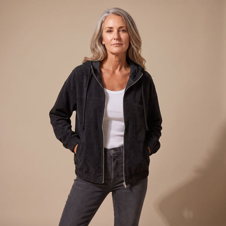 Women's Corduroy Hooded Full-Zip Fleece Jacket - Black
