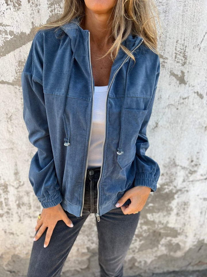 Women's Corduroy Hooded Zip-Up Quilted Jacket Oversized Fit - Blue