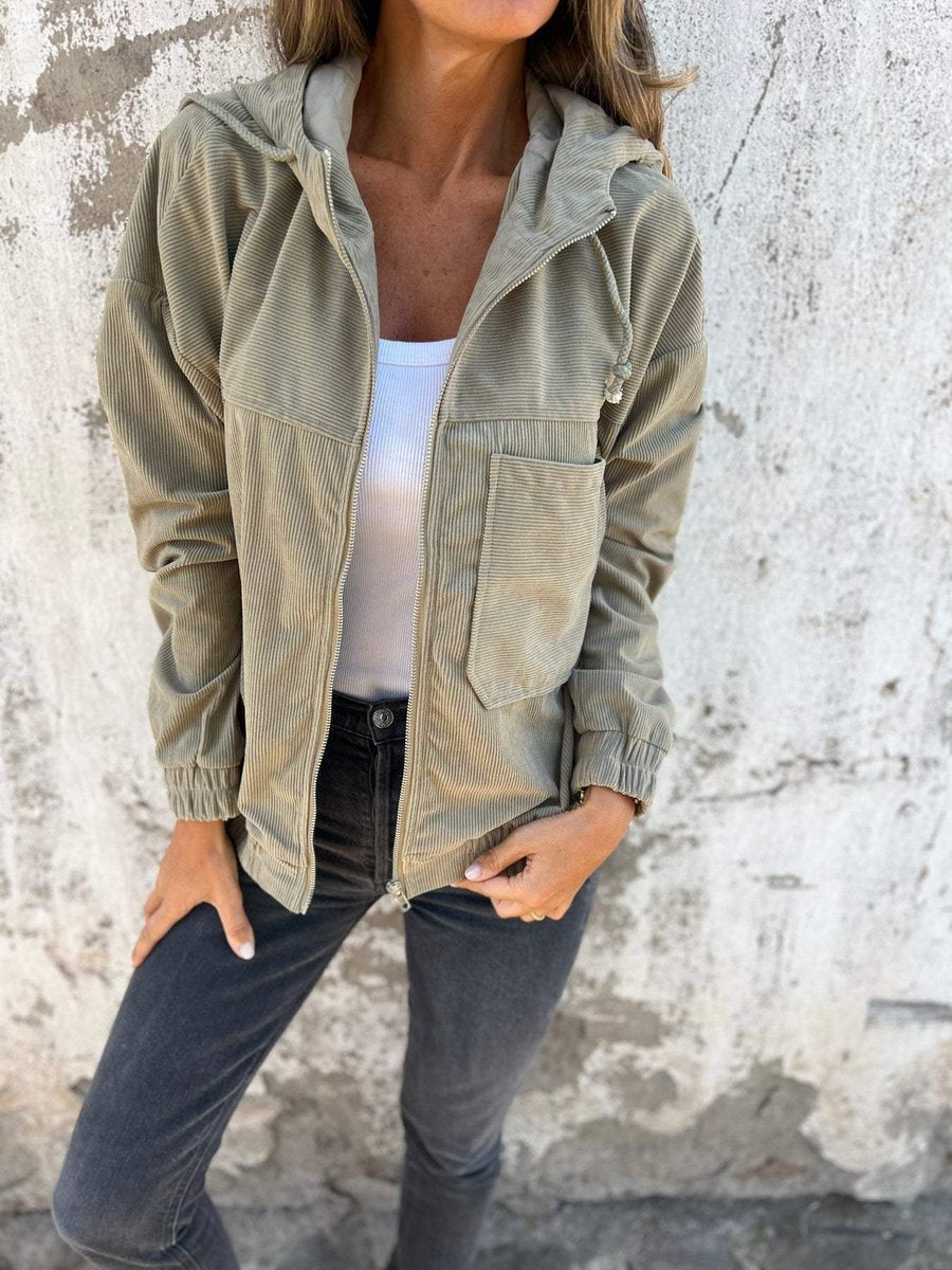 Women's Corduroy Hooded Zip-Up Quilted Jacket Oversized Fit - Green