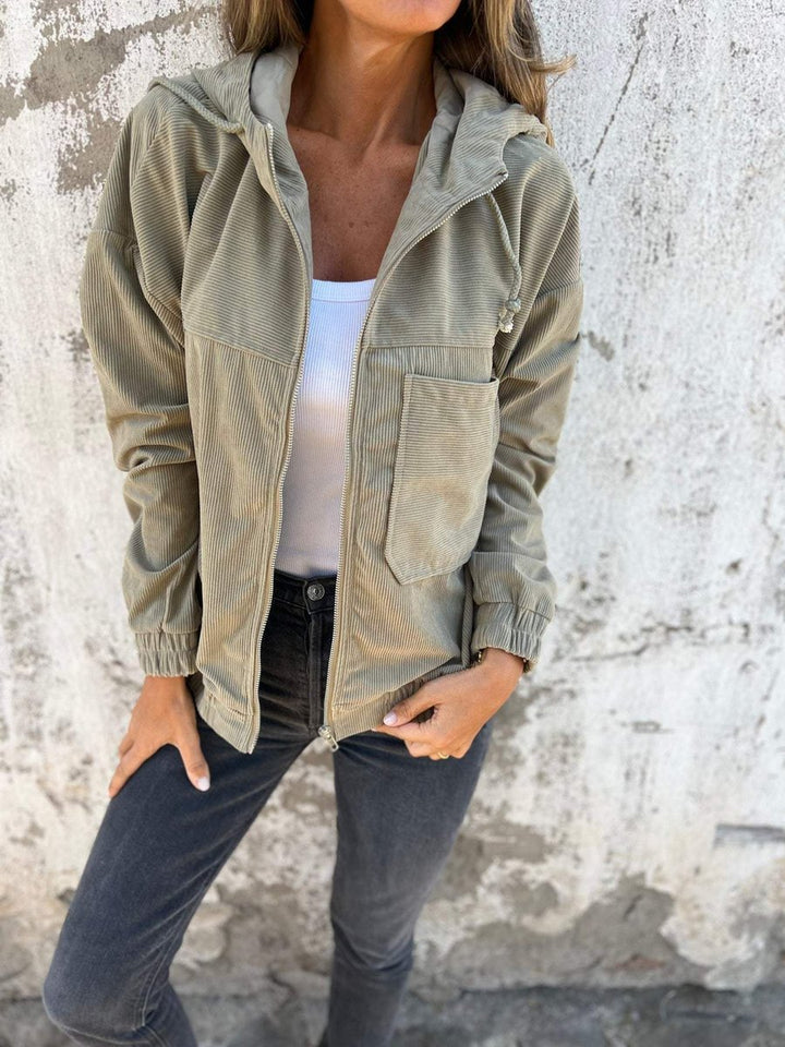 Women's Corduroy Hooded Zip-Up Quilted Jacket Oversized Fit - Green