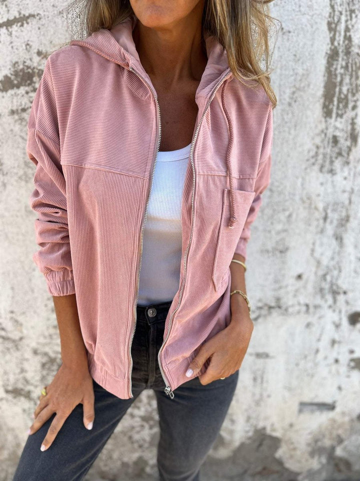 Women's Corduroy Hooded Zip-Up Quilted Jacket Oversized Fit - Pink