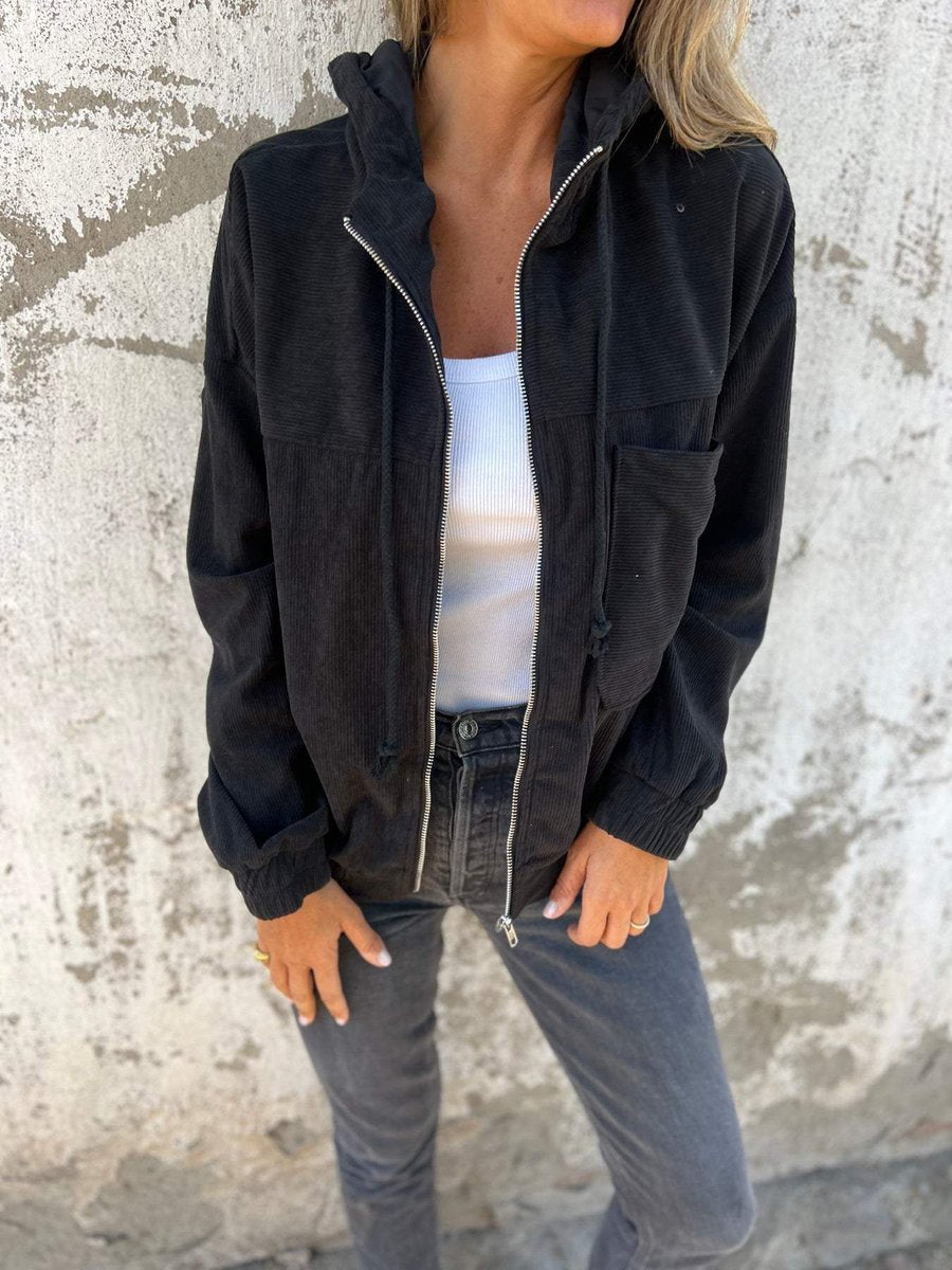 Women's Corduroy Hooded Zip-Up Quilted Jacket Oversized Fit - Black
