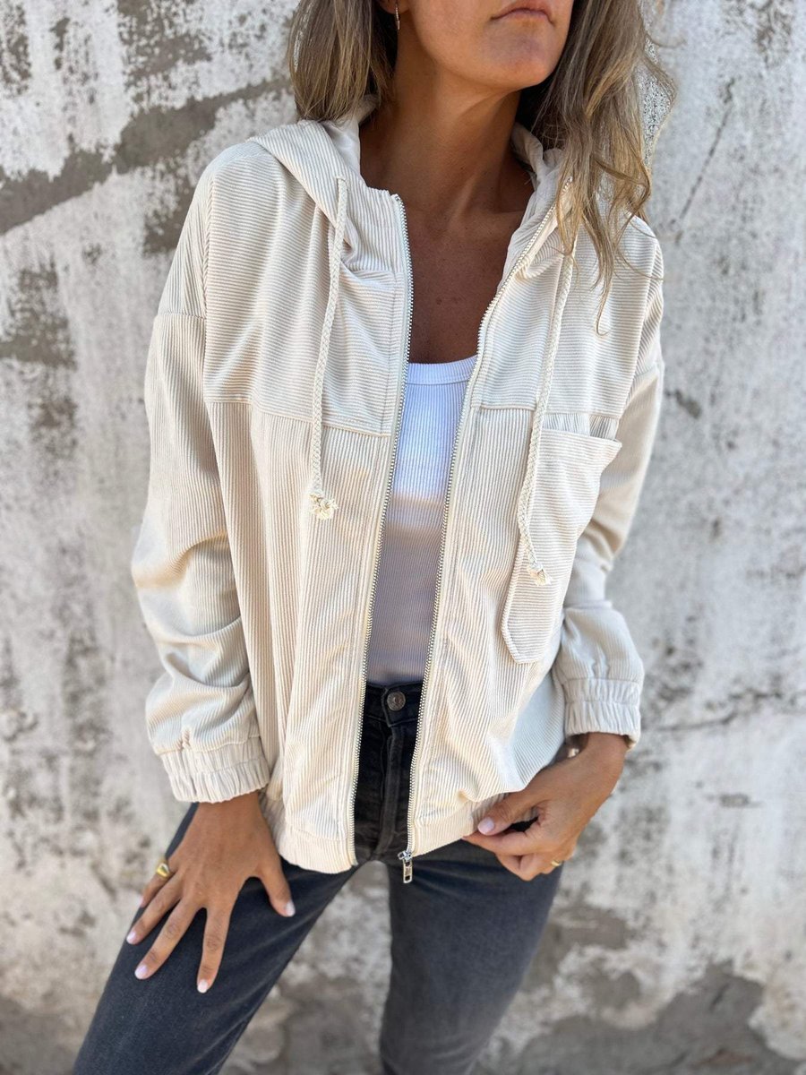 Women's Corduroy Hooded Zip-Up Quilted Jacket Oversized Fit - White