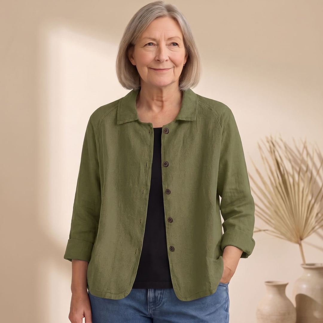 Women's Cotton Linen Button-Front Shirt Cardigan - Olive Green