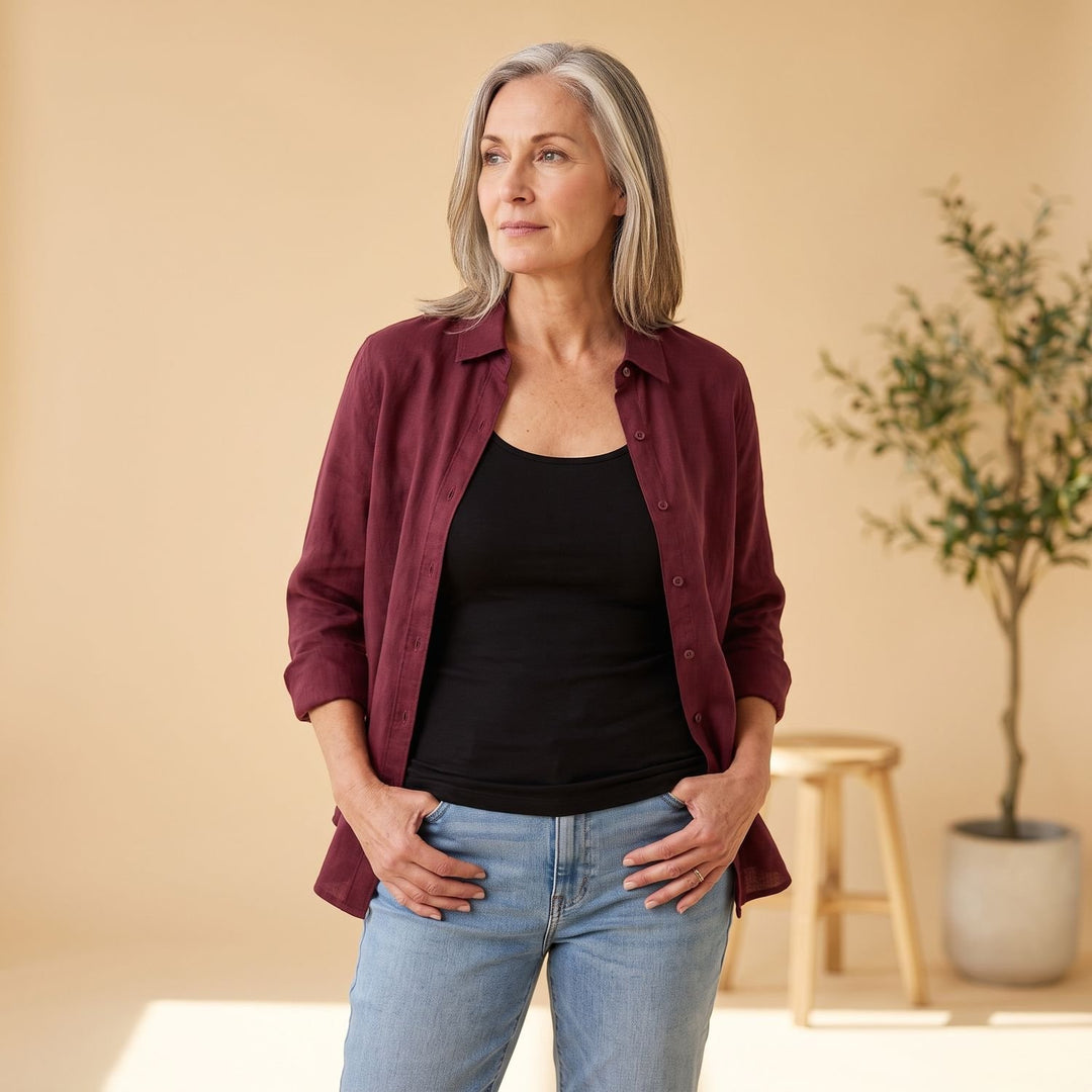 Women's Cotton Linen Button-Front Shirt Cardigan - Dark Red
