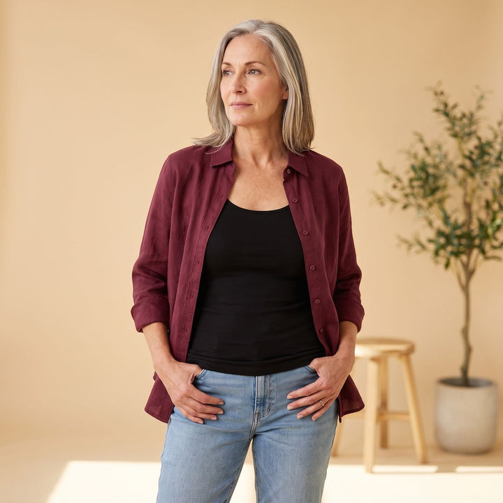 Women's Cotton Linen Button-Front Shirt Cardigan - Dark Red