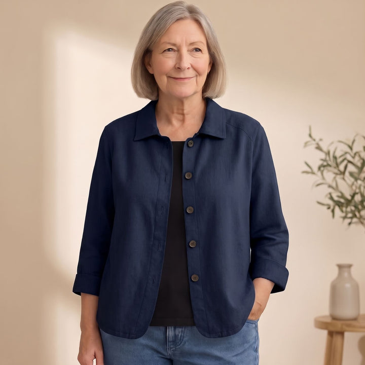 Women's Cotton Linen Button-Front Shirt Cardigan - Dark Blue