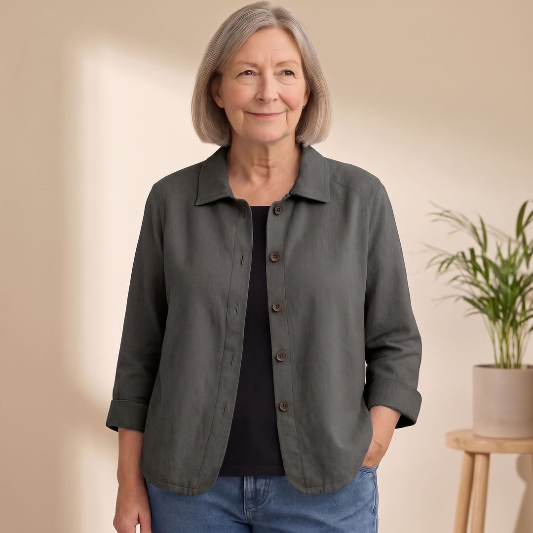 Women's Cotton Linen Button-Front Shirt Cardigan - Dark Gray