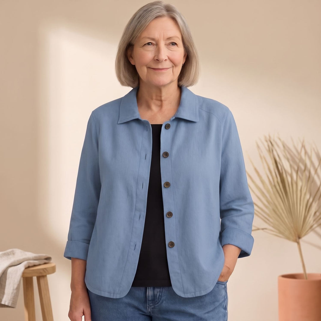 Women's Cotton Linen Button-Front Shirt Cardigan - Blue
