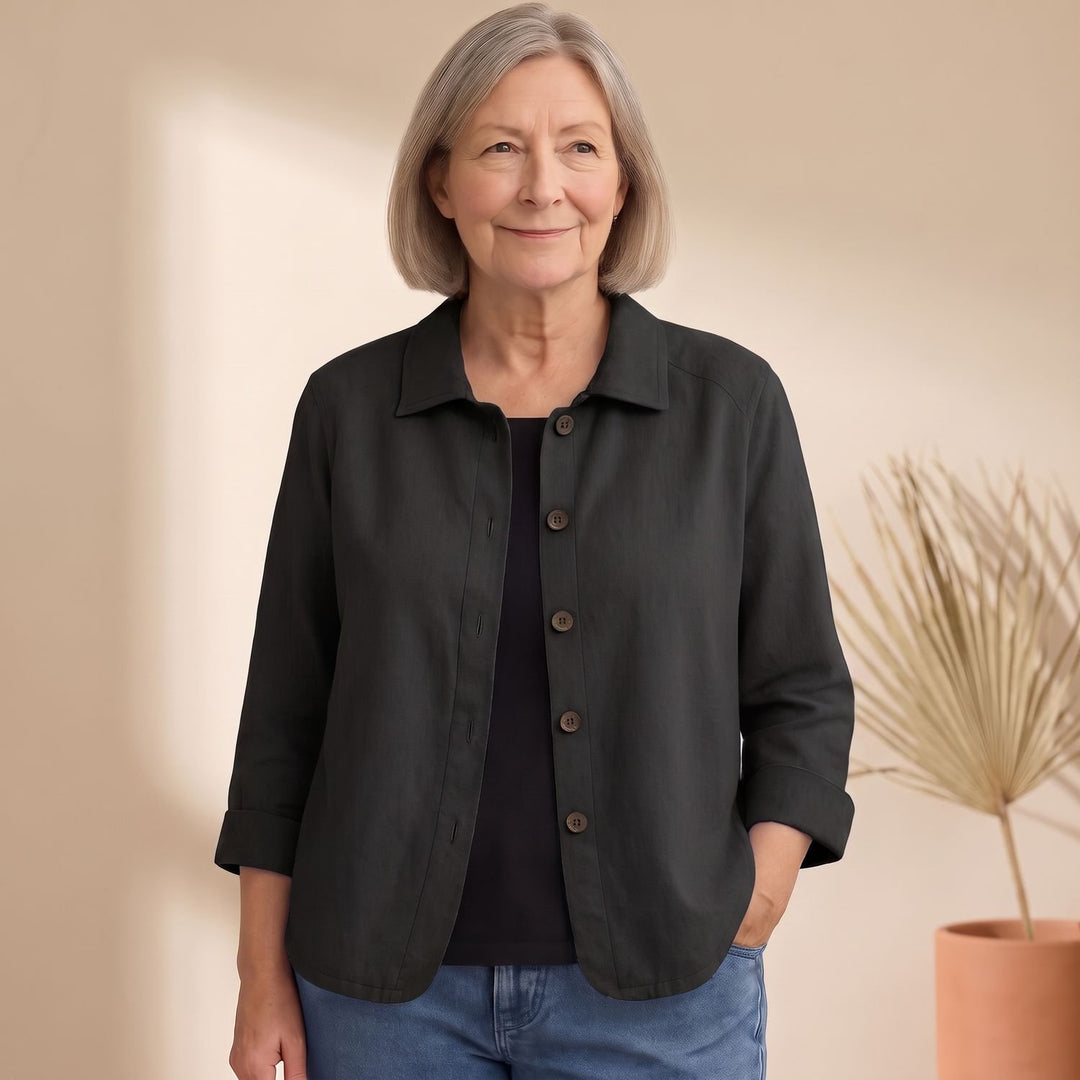 Women's Cotton Linen Button-Front Shirt Cardigan - Black