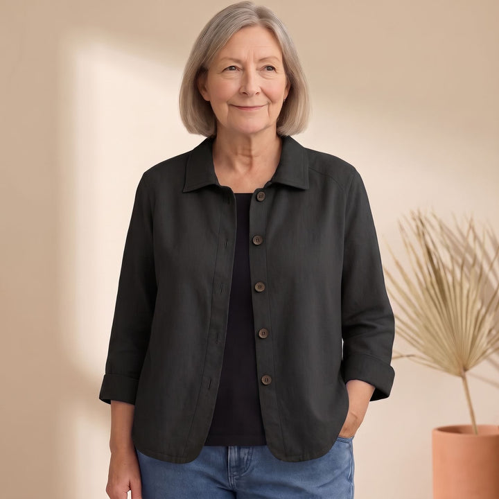 Women's Cotton Linen Button-Front Shirt Cardigan - Black