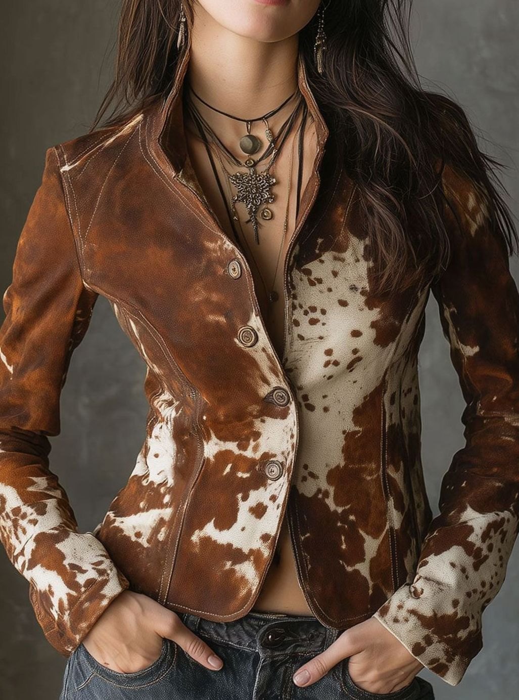 Women's Cow Print Stand-Collar Slim Leather Jacket - Brown
