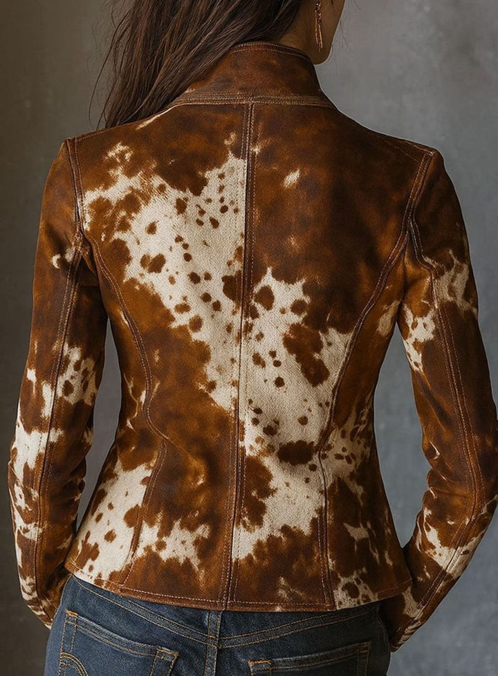 Women's Cow Print Stand-Collar Slim Leather Jacket
